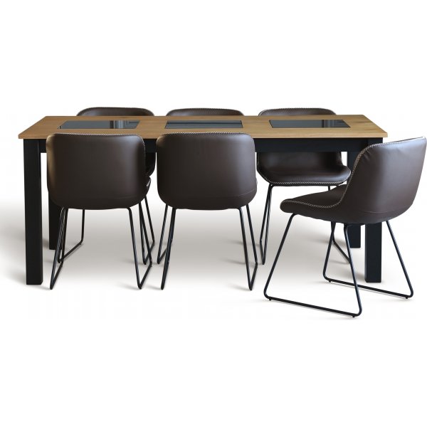 Graniitti ruokailuryhm; Pyt 180x90 cm tammi/musta, 6 Texas ruokapydn tuolia ruskea PU