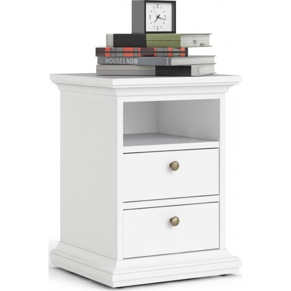 Parisin kapea yöpöytä, jossa 2 laatikkoa ja 1 avoin lokero - Valkoinen Parisin kapea yöpöytä, jossa 2 laatikkoa ja 1 avoin lokero - Valkoinen
