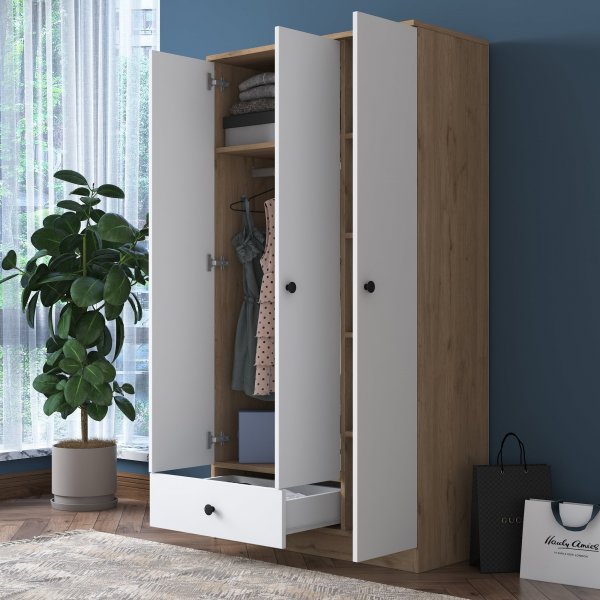 Muodikas vaatekaappi 90 cm - P�hkin�/valkoinen