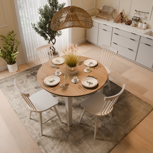 Ruokailusarja: Dalarös pyöreä ruokapöytä valkoinen / öljytty tammi sisältää 4 Karl korituolia Ruokailusarja: Dalarös pyöreä ruokapöytä valkoinen / öljytty tammi sisältää 4 Karl korituolia