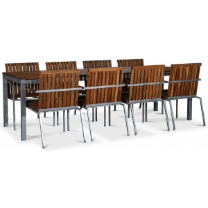 Alva ulkoruokailuryhm, 8 tuolia + pyt 250x90 cm - Tiikki / Galvanoitu ters + Puuljy huonekaluihin