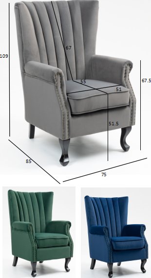 Korvaläpällinen nojatuoli harmaalla samettilla Korvaläpällinen nojatuoli harmaalla samettilla