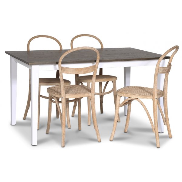 Skagen elintarvikeryhm; ruokapyt 140 cm - Valkoiseksi/ruskeaksi petsattu tammi ja 4 Danderyd No.16 ruokapydn tuolia Whitewa