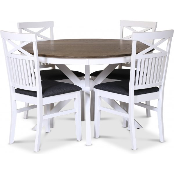 Skagen elintarvikeryhm; pyre ruokapyt 120 cm - Valkoinen/ruskea ljytty tammi ja 4 Skagen-tuolia harmaalla istuimella