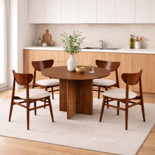 Ruokailuryhm� Crossby-p�yt� �120cm, p�hkin�puuta, ja 4 Ludvig-ruokailutuolia p�hkin�puuta.