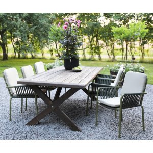 Oxfordin ulkoruokailuryhmä; rusketuspöytä 220 cm sis. 6 Lincoln pinottavaa runkotuolia vihreä/beige Oxfordin ulkoruokailuryhmä; rusketuspöytä 220 cm sis. 6 Lincoln pinottavaa runkotuolia vihreä/beige